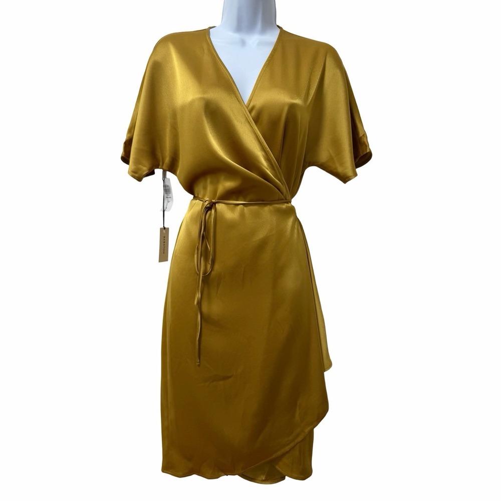 Aritzia Babaton Wallace Satin Wrap Short Sleeve Mini Dress Size M Gold Cocktail